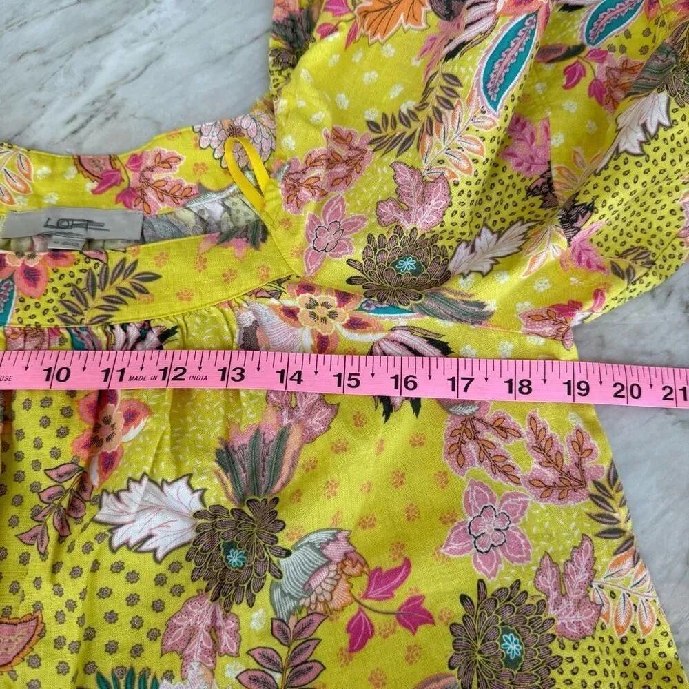 LOFT linen blend Yellow Floral Peasant Colorful Abstract blouse puff sleeves M